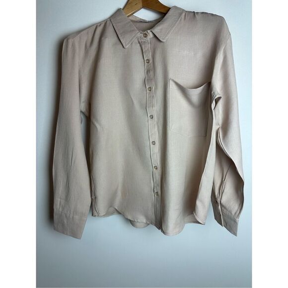 beige linen button up shirt long sleeve - Picture 7 of 10